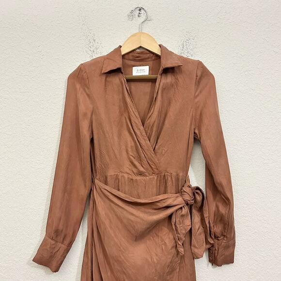DISSH Wrap Dress Brown Long Sleeve Midi Tie Waist Shoulder Pads - Picture 3 of 15